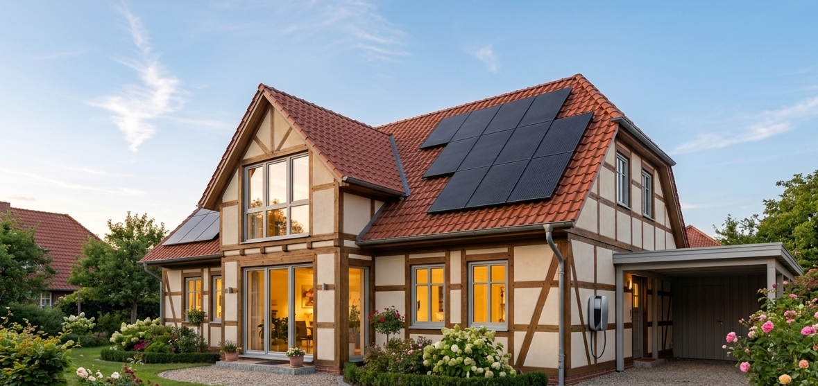 Energieberatung Fachwerkhaus photovoltaik Energieberatung für Photovoltaik: Ein saniertes Fachwerkhaus mit Solaranlage auf dem Dach und Wallbox für E-Mobilität.