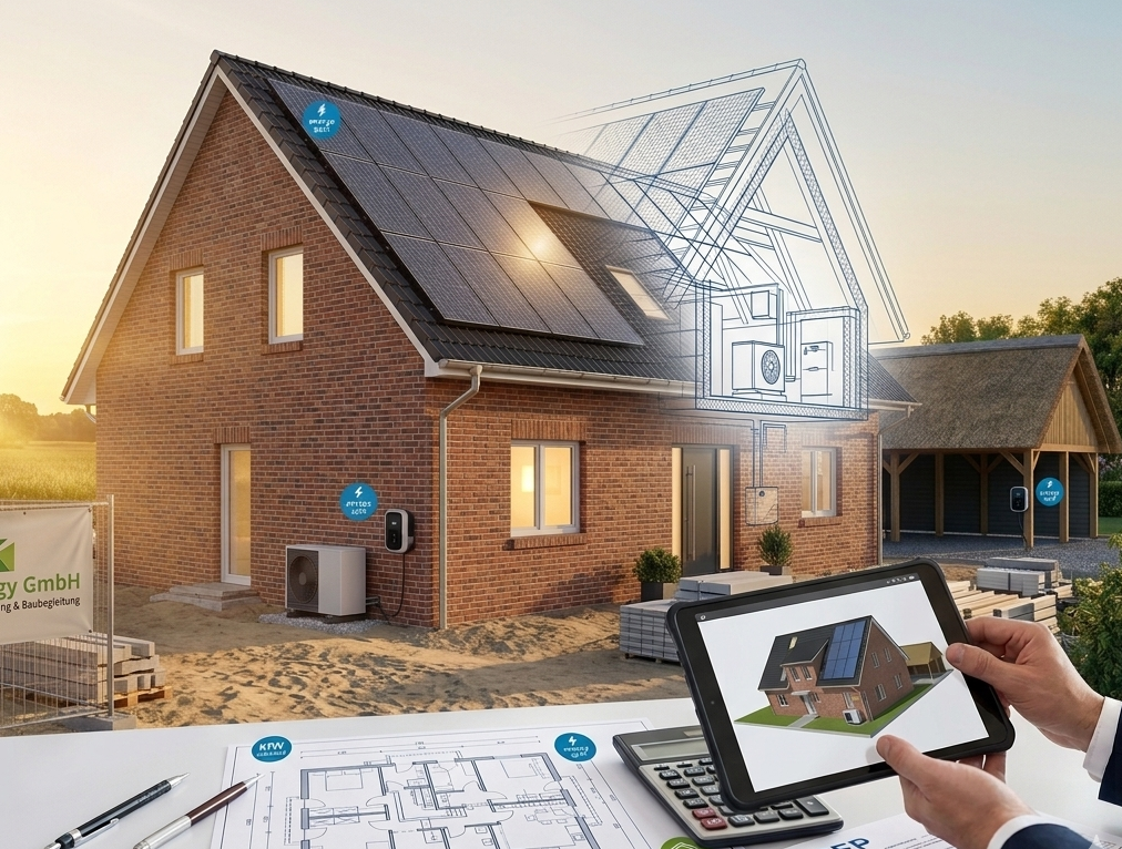 KfW-Effizienzhaus Planung und Umsetzung Optimierung der KfW-Förderung durch präzise Energieberatung: Ein Tablet zeigt das sanierte Hausmodell über den aktuellen Bauplänen.