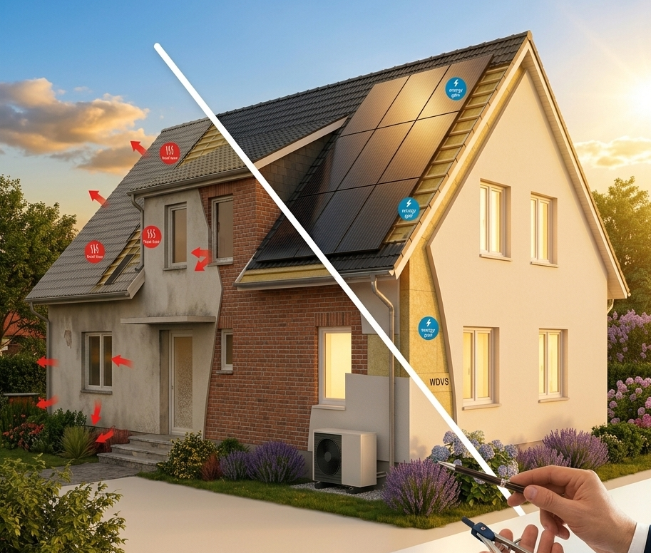 individueller Sanierungsfahrplan Energieberatung Voss Individueller Sanierungsfahrplan (iSFP): Illustration der Modernisierungsschritte vom unsanierten Bestandshaus zum klimaneutralen Gebäude.